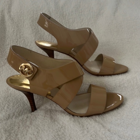 MICHAEL Michael Kors Nude Open Toe Sandals - Joselle Logo High-Heel - Picture 1 of 9